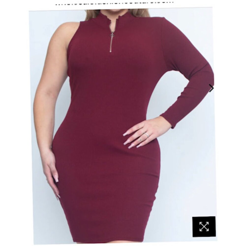 NWOT Plus Size Zenobia  1/4 zip Mock Neck One Sleeve Burgundy Bodycon Dress